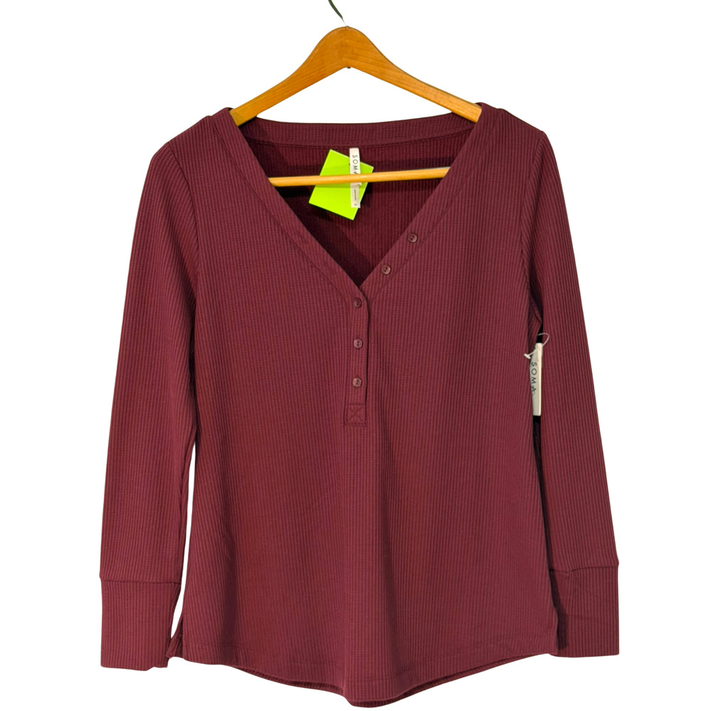 Soma Sz M Waffle Knit Henley Pajama Top Soft Sleepwear Loungewear Burgundy New